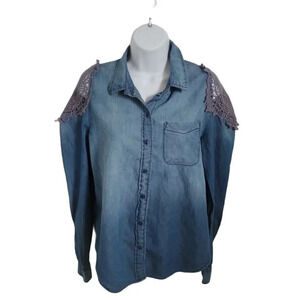 Hippie Laundry Blue Denim Shirt, Cold  Shoulder, M
